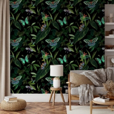 Tropical forest, Exotic butterflies and moths, Realistic botanical Wallpaper 