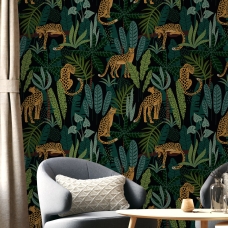 Vintage Botanical Wallpaper Peel and Stick Dark Tropical Plants with Leopard Wall Mural