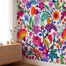 Colorful flowers and tropic leaves wallpaper, Adhesive Wallpaper, Wall mural, Removable, temporary wallpaper Peel & Stick