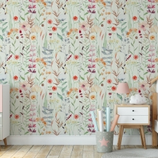 Watercolor Wild Flower Wallpaper l Soft Botanical Floral Wall Mural | Little Floral with Grass Wallpaper | Field Flowers Wall Mural