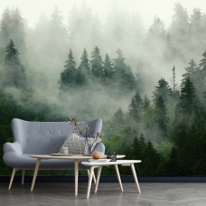 Foggy Forest Wallpaper - peel and stick, removable, Landscape Mural, Mountains, Wall Decoration, Wood, Nature, Forest Mural, Green Forest