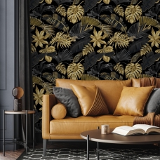 Black and Gold leaves on dark background peel and stick removable wallpaper Gold color doesnt shine, it is matte