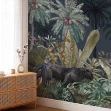 Black panther in the jungle Wallpaper,Tropical Leaves, Removable Wallpaper