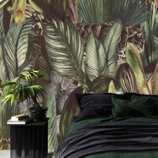 Removable Botanical Vintage Wallpaper, Leaves Wallpaper, Wild Cats