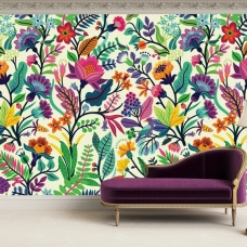 Colorful flowers and tropic leaves wallpaper, Adhesive Wallpaper, Wall mural, Removable, temporary wallpaper Peel & Stick