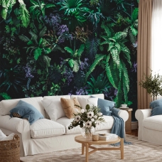 Tropical Wallpaper, green leaves, jungle wallpaper, rainforest leaves, dark forest, purple flowers