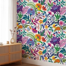 Bright colorful flowers and tropic leaves on a white backgroun, Adhesive Wallpaper, Wall mural, Removable, temporary wallpaper Peel & Stick 